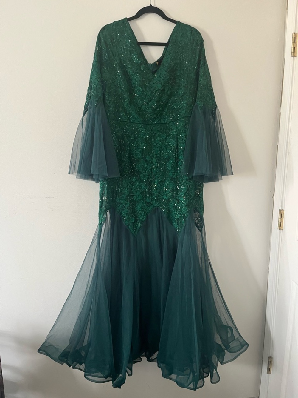 Emerald Green Sequin Tulle Maxi Dress XXL Formal Ethereal Evening Gown NWT